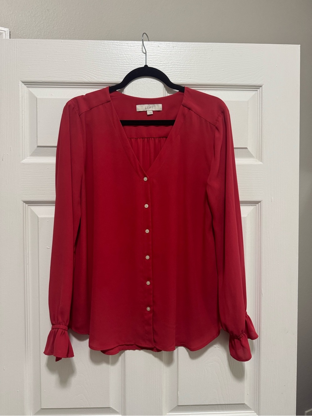 LOFT Scarlet Red Button-Front V-Neck Long Sleeve Blouse